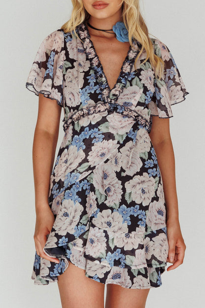 Laney Angel Sleeve Ruffle Dress Floral Blue