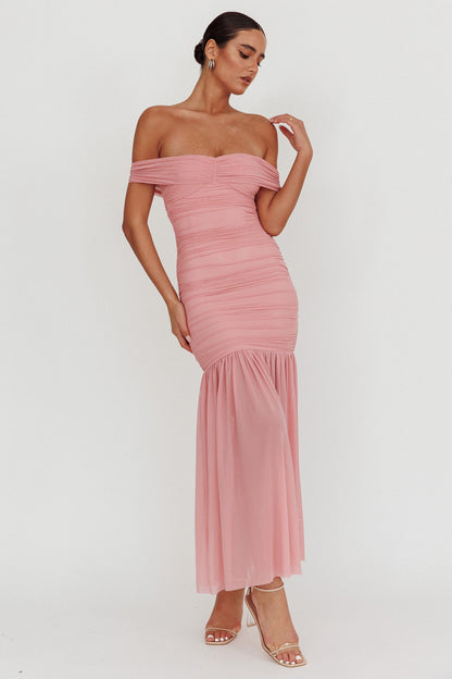 La Salle Off Shoulder Mesh Maxi Dress Pink