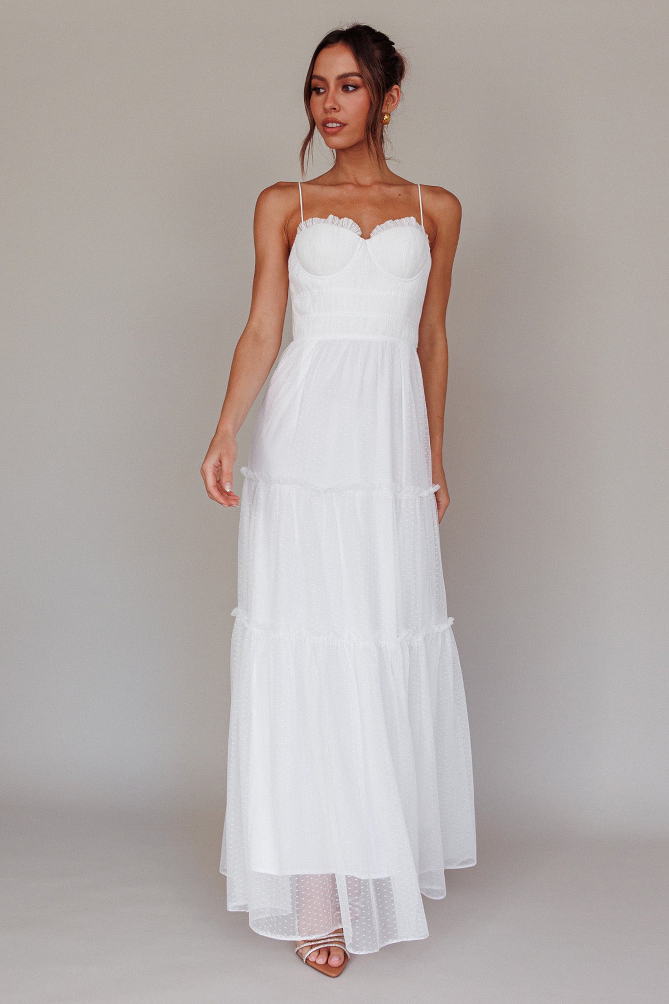 Calla Sweetheart Neckline Hail Spot Midi Dress White