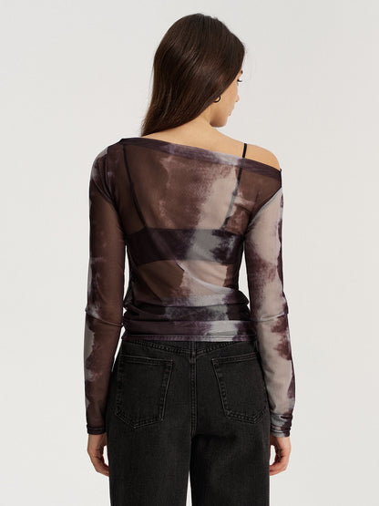 Mesh Tie-Dye Off-Shoulder Long Sleeve T-Shirt