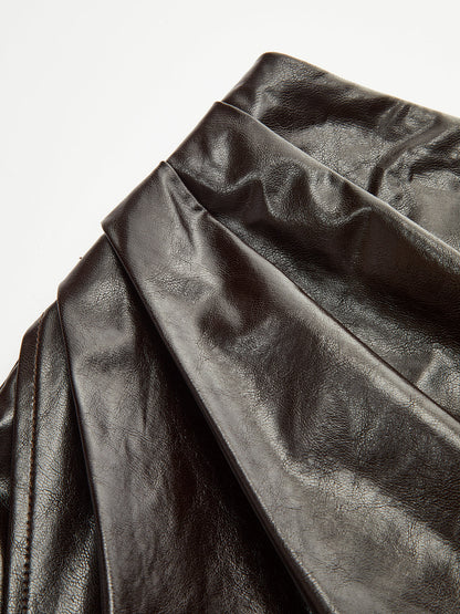 Asymmetric Ruched Slit Faux Leather Midi Skirt