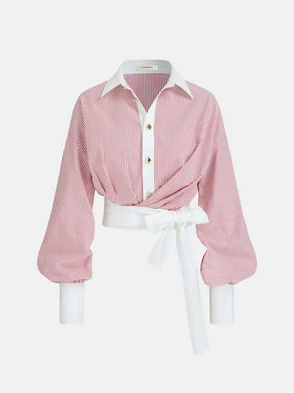 Color-Block Striped Tie-Waist Shirt
