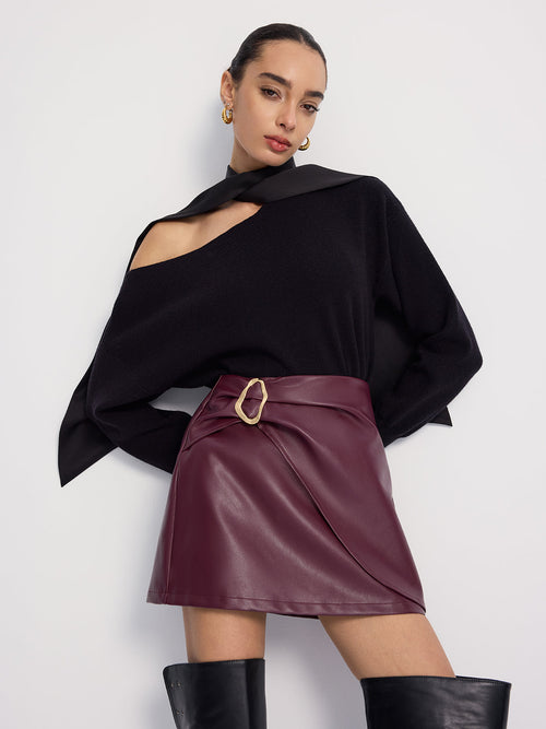 Metal-Detailed Faux Leather Wrap Mini Skirt