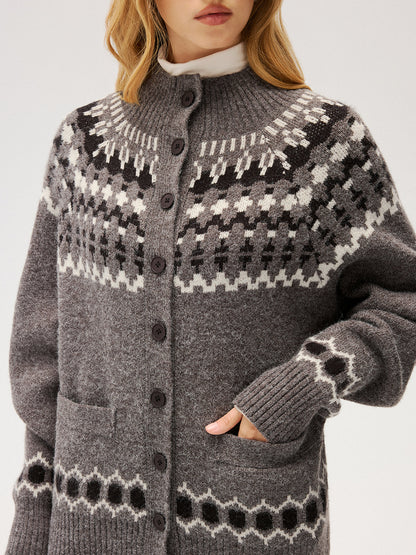 Loose Fair Isle Knit Button Front Cardigan