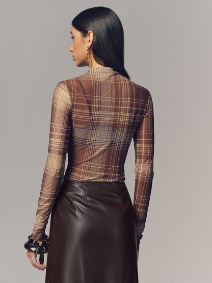 Semi-Sheer Plaid Mesh Top