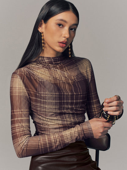 Semi-Sheer Plaid Mesh Top