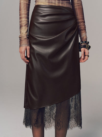 Lace Hem Faux Leather Ruched Midi Skirt