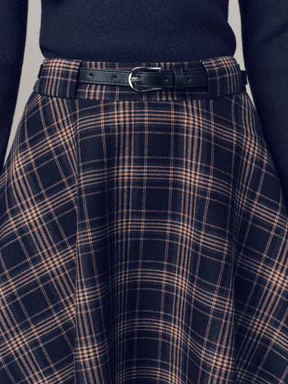 Belted Plaid A-line Midi Skirt