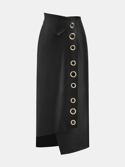 Faux Leather Ring Accent Asymmetric Skirt