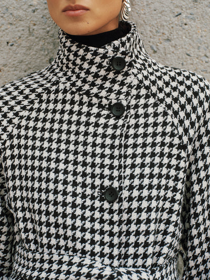 Belted Tweed Houndstooth Long Trench Coat