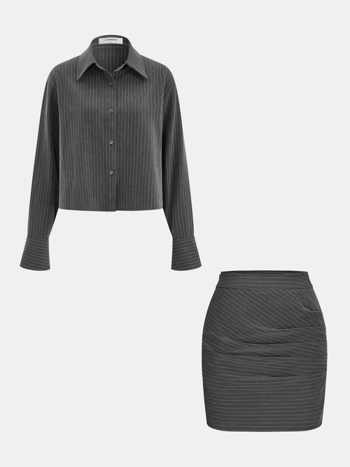 Pinstripe Shirt and Ruched Mini Skirt Set