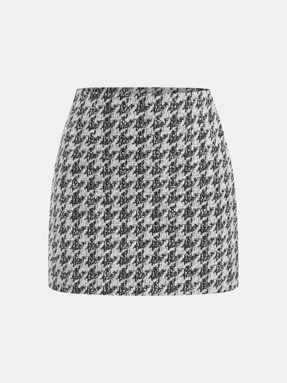 Metal Button Houndstooth Vest & Mini Skirt Set