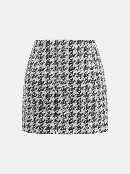 Metal Button Houndstooth Vest & Mini Skirt Set