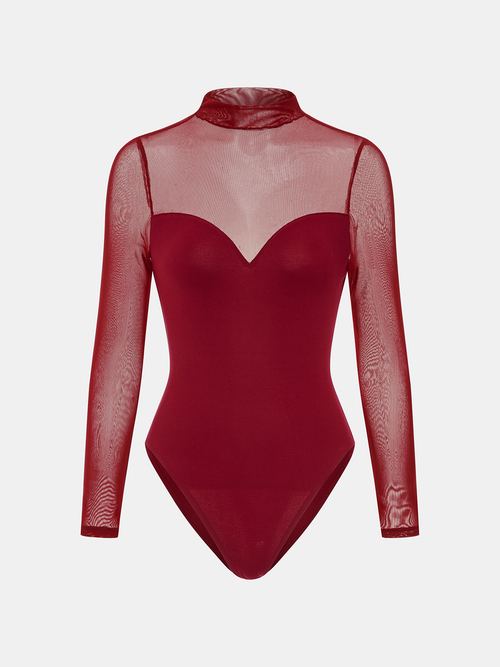 Mock Neck Mesh Panel Sweetheart Bodysuit