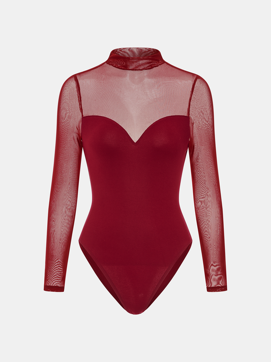 Mock Neck Mesh Panel Sweetheart Bodysuit