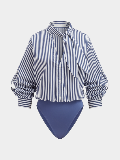 Cotton Blend Striped Tie-Neck Bodysuit