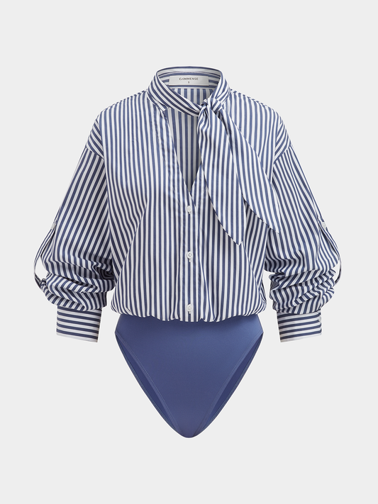 Cotton Blend Striped Tie-Neck Bodysuit