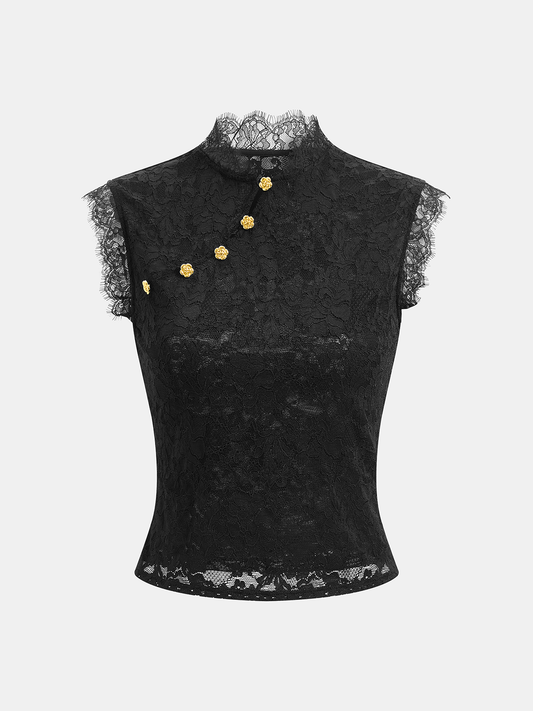 Floral Button Mandarin Collar Lace Top