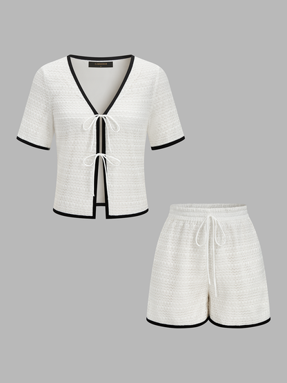 Knitted Contrast Binding Tie Front Top & Shorts Set