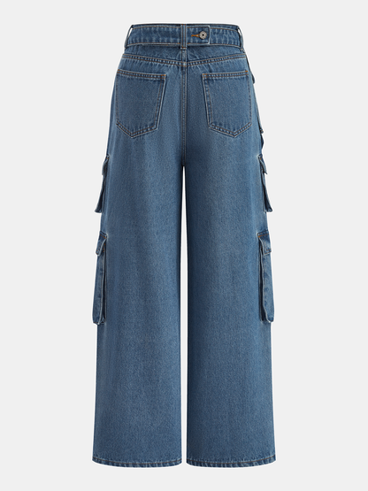 Multi Pocket Wide Leg Denim Pants