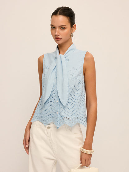 Tie-Neck Eyelet Embroidery Sleeveless Blouse