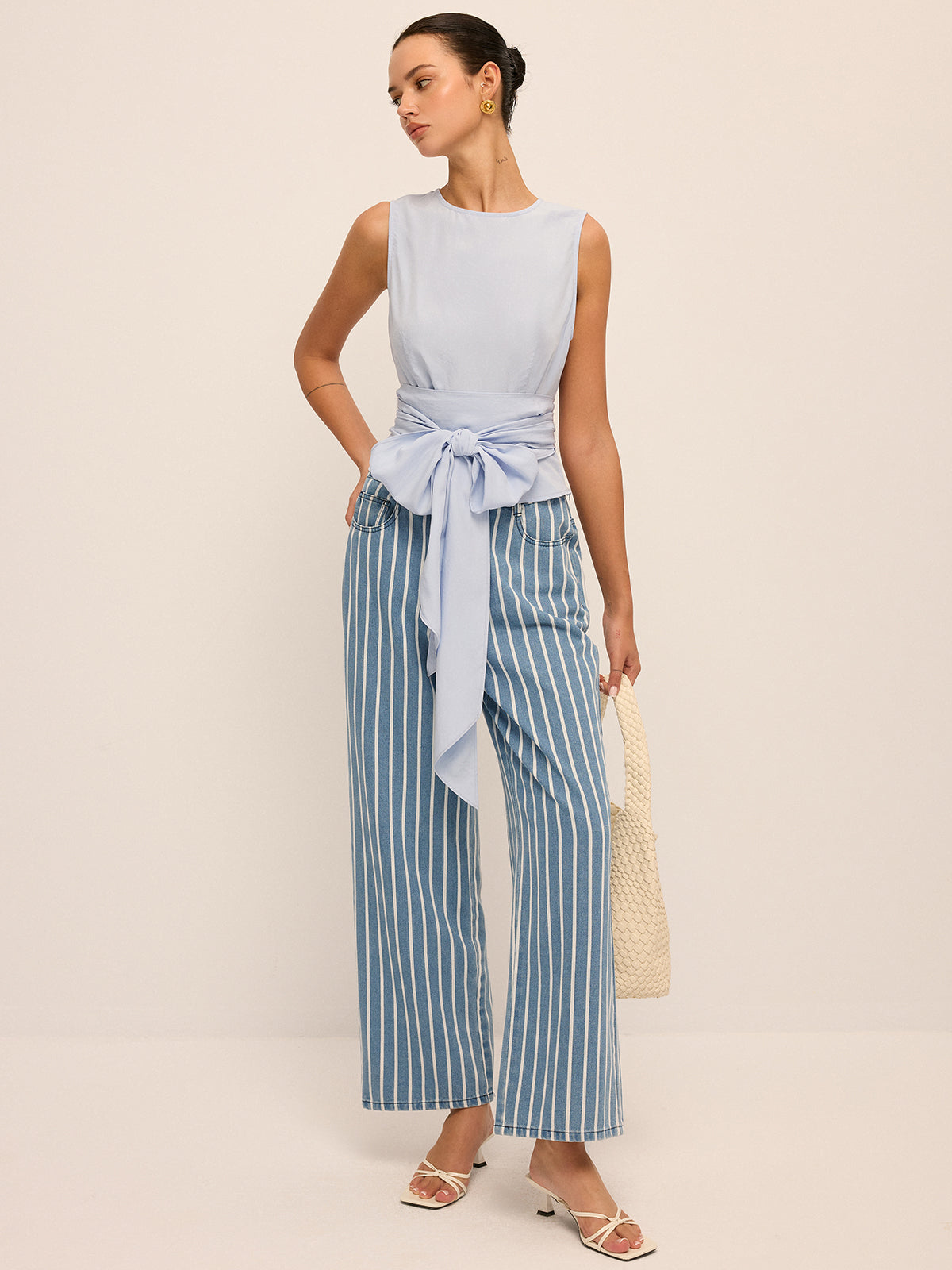 Large Bow Waist Tencel-Blend Sleeveless Top