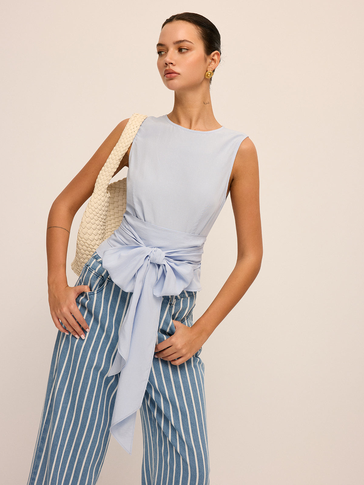 Large Bow Waist Tencel-Blend Sleeveless Top