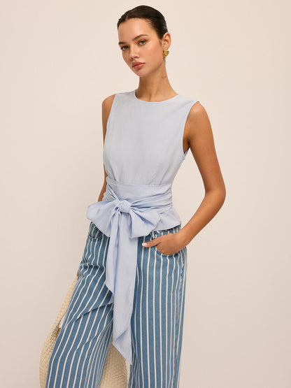 Large Bow Waist Tencel-Blend Sleeveless Top