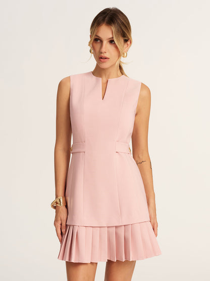 Pleated Hem Notch Neck Tailored Mini Dress
