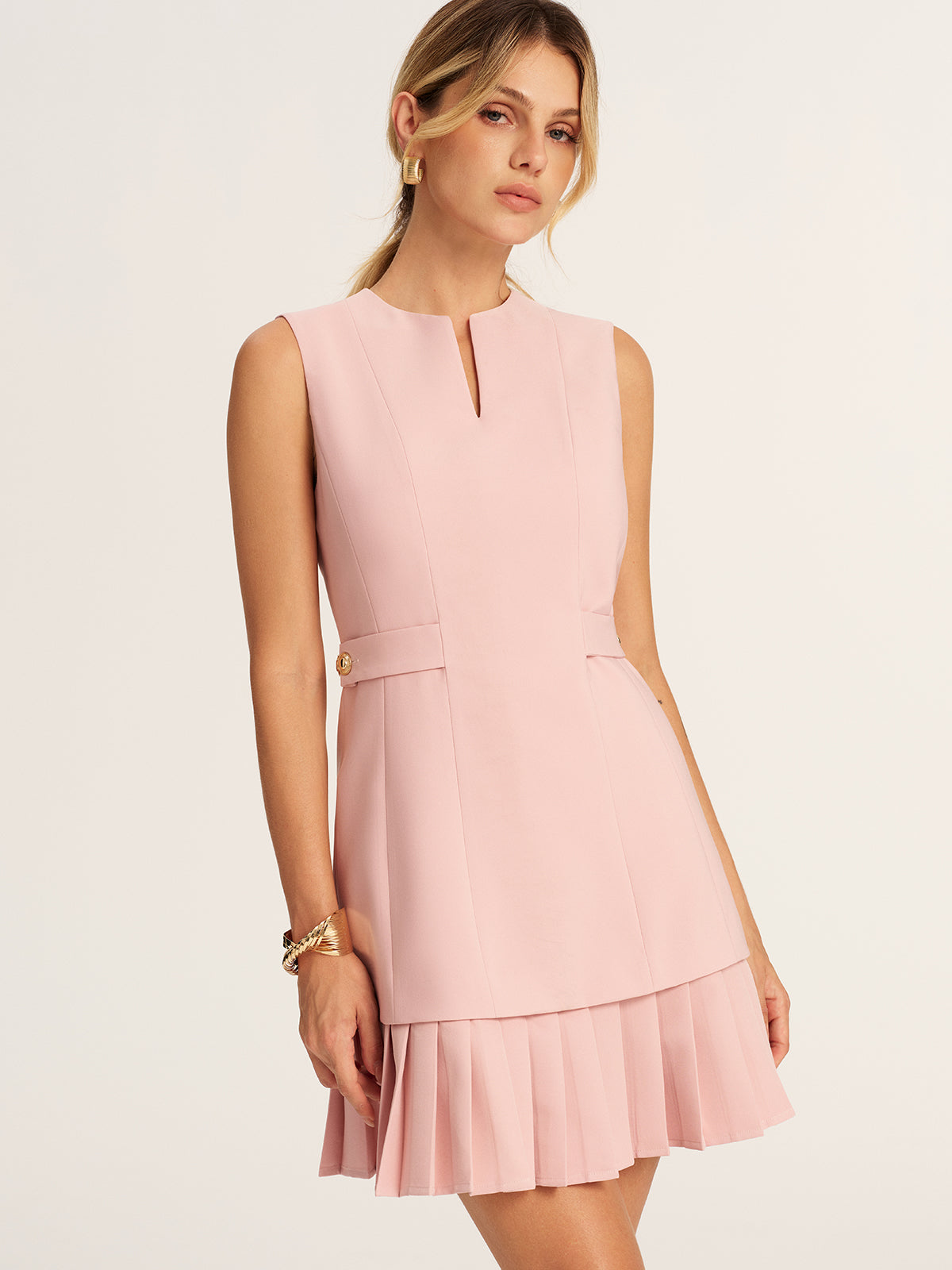Pleated Hem Notch Neck Tailored Mini Dress