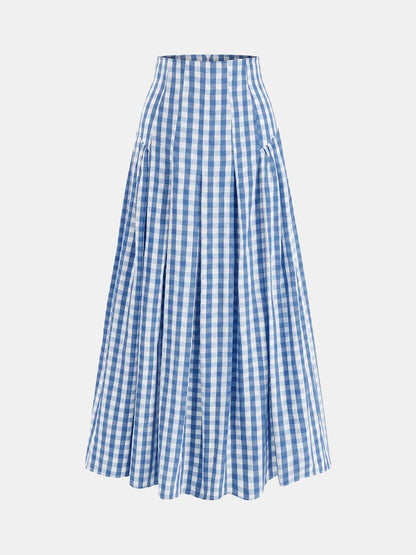 Gingham High-Waisted Pleated Midi Skirt