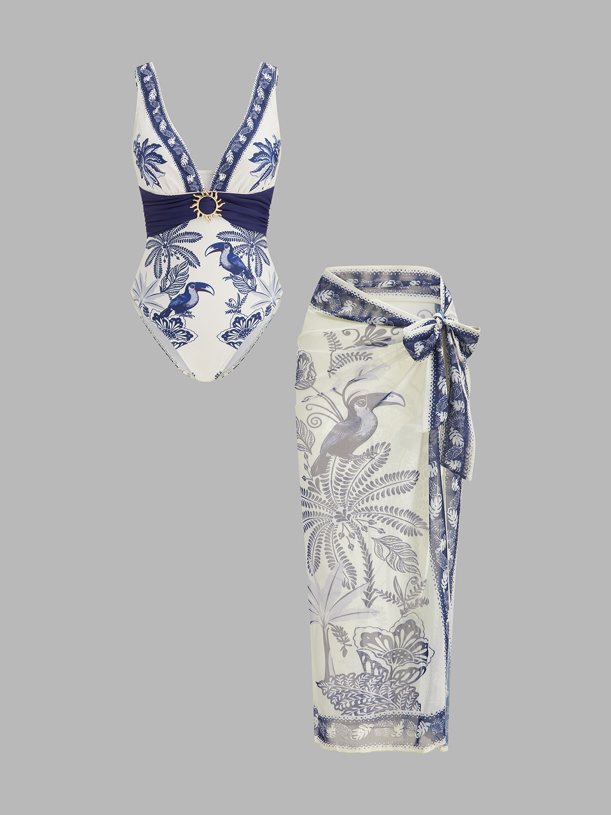 Tropical Toucan Print One Piece Swimsuit & Sarong Set