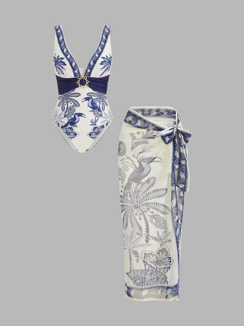 Tropical Toucan Print One Piece Swimsuit & Sarong Set