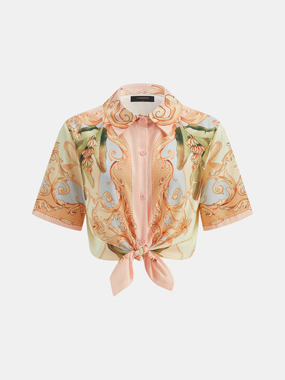 Leaf Print Linen Blend Shirt & Drawstring Shorts Set
