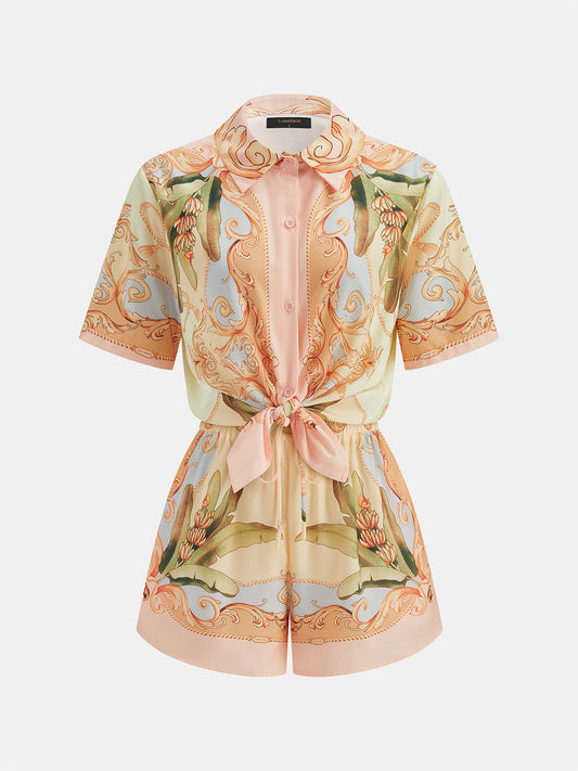 Leaf Print Linen Blend Shirt & Drawstring Shorts Set