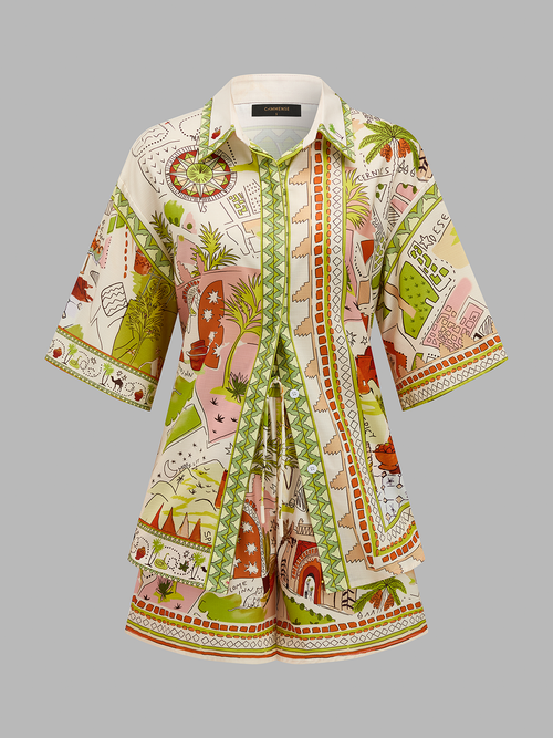 Printed Short Sleeve Shirt & Drawstring Shorts Set