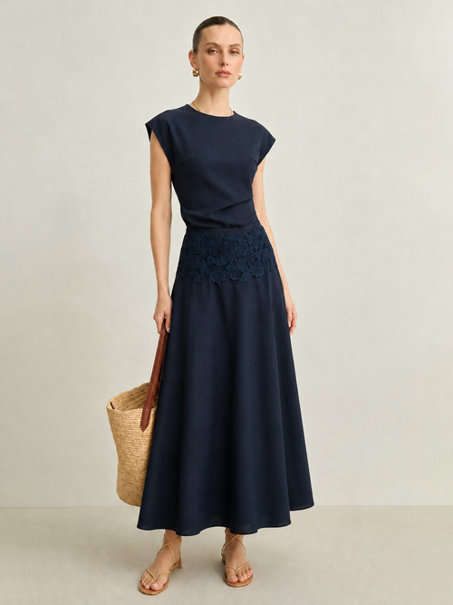 Cotton Linen Top & Lace Waist Skirt Set