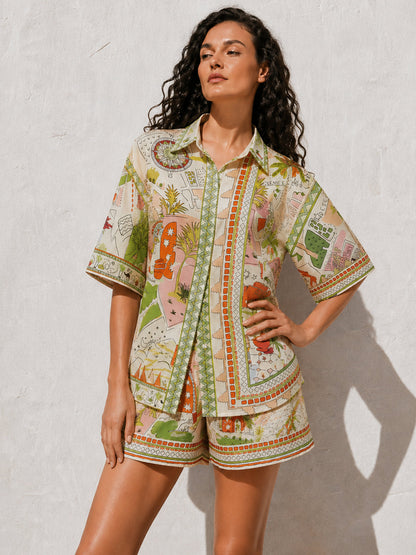 Printed Short Sleeve Shirt & Drawstring Shorts Set