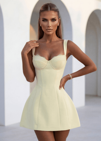 Buttercup Bliss Structured Lace Trim Mini Dress - Yellow