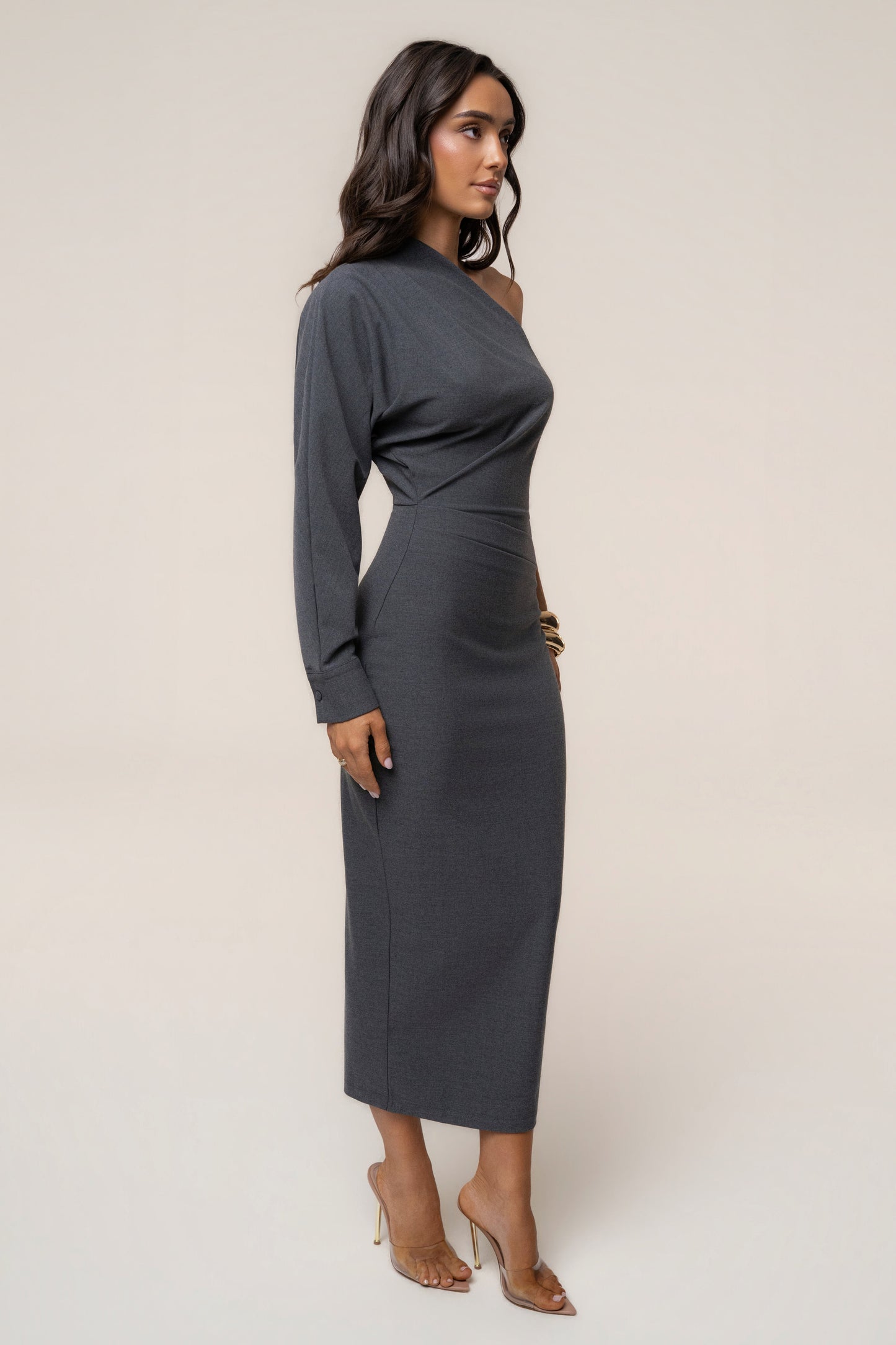 Grey Racheal One Shoulder Midi Dress