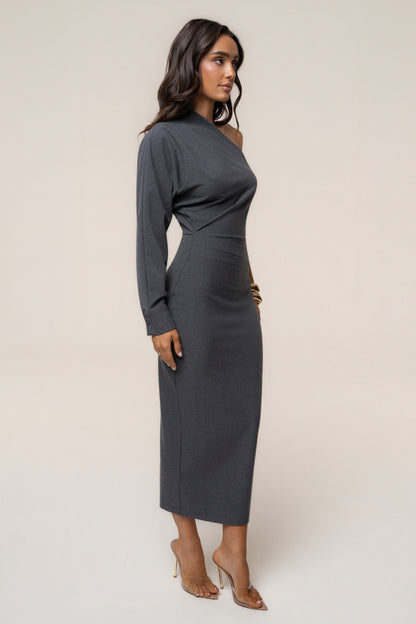 Grey Racheal One Shoulder Midi Dress
