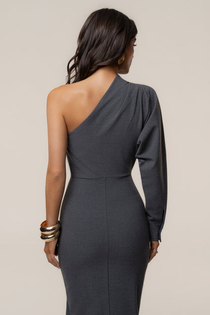 Grey Racheal One Shoulder Midi Dress