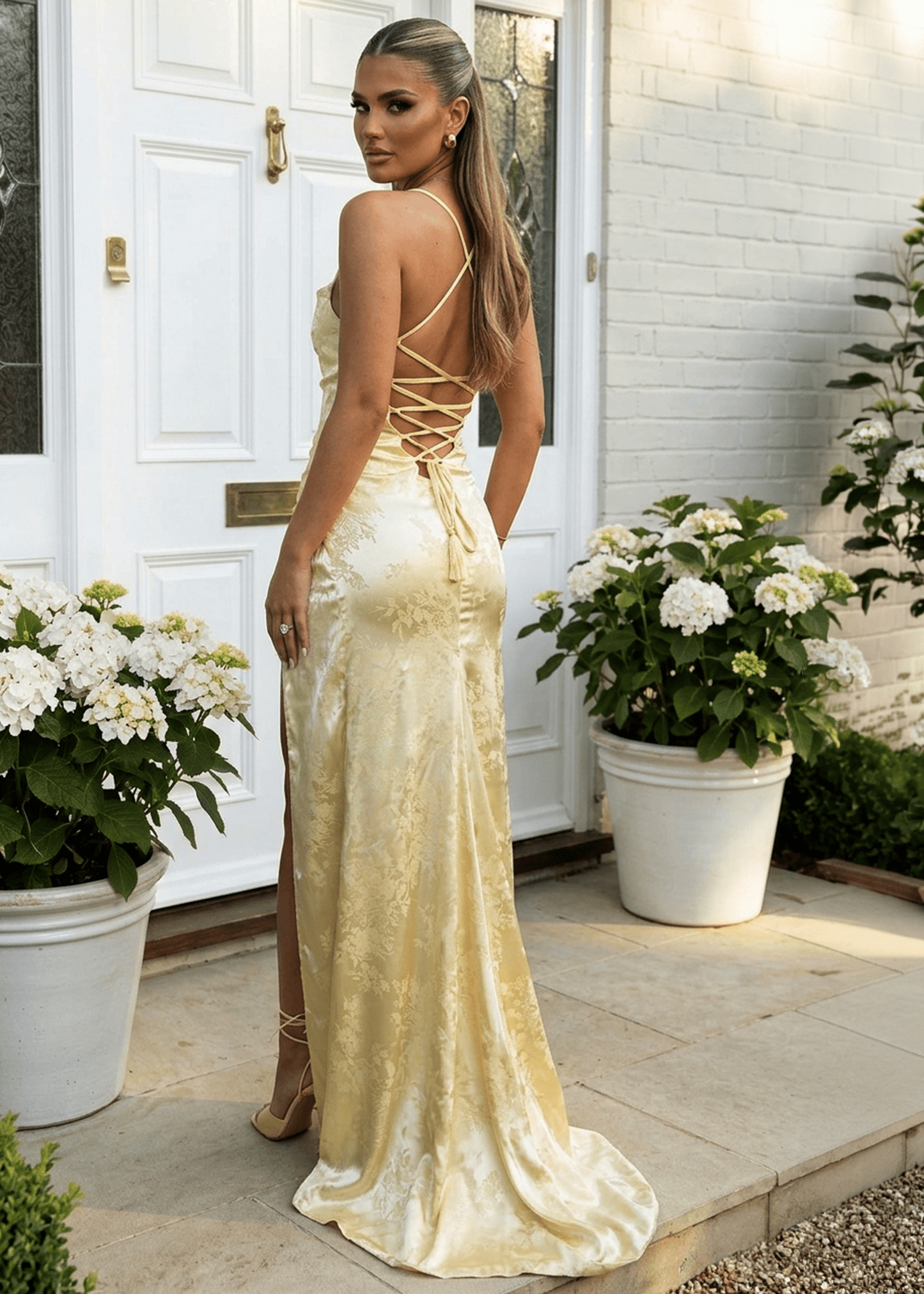 Worth Waiting For Cross Back Gown - Jacquard Yellow