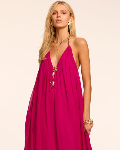 Rainn Chiffon V-Neck Halter Gown | FIESTA PINK