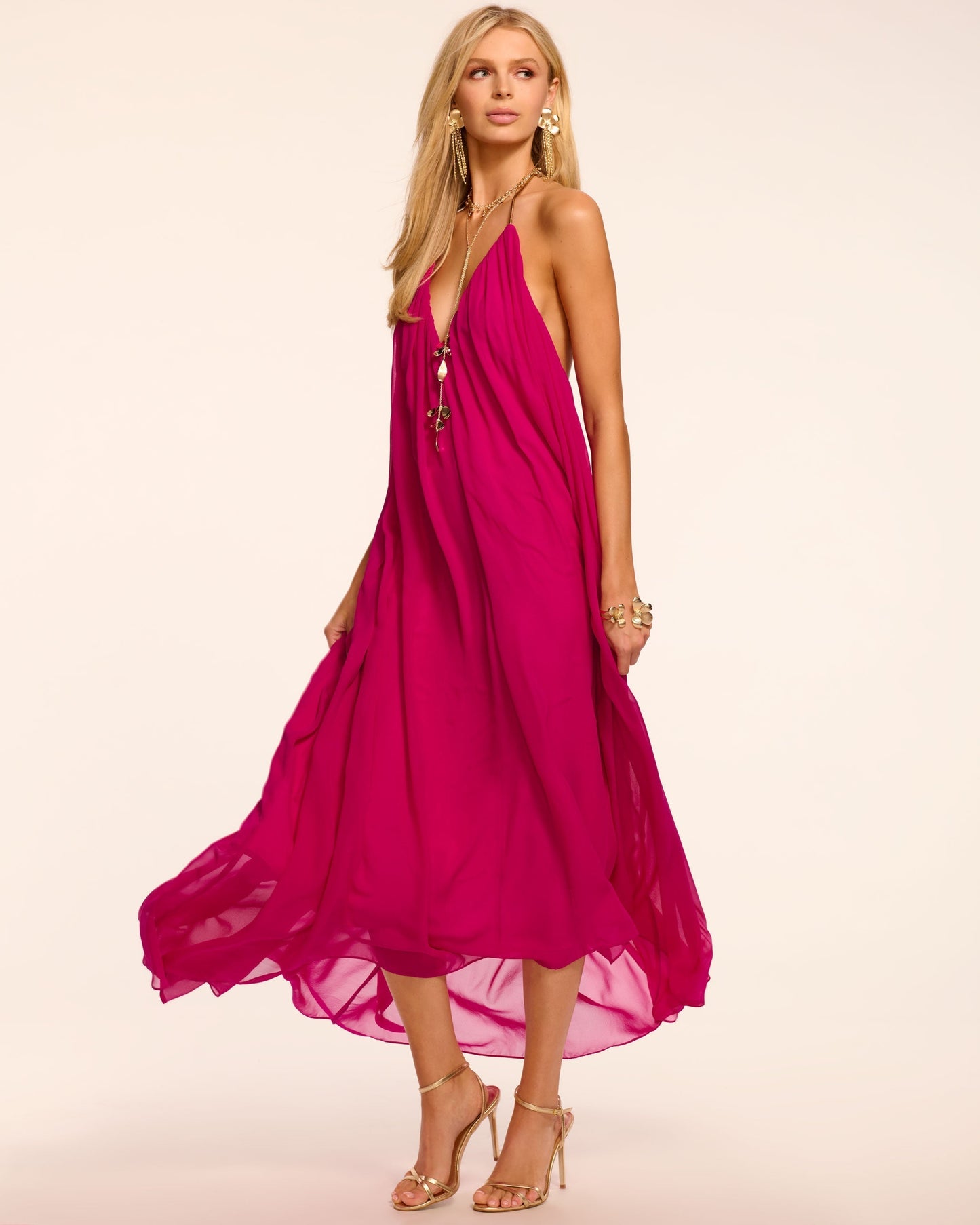Rainn Chiffon V-Neck Halter Gown | FIESTA PINK