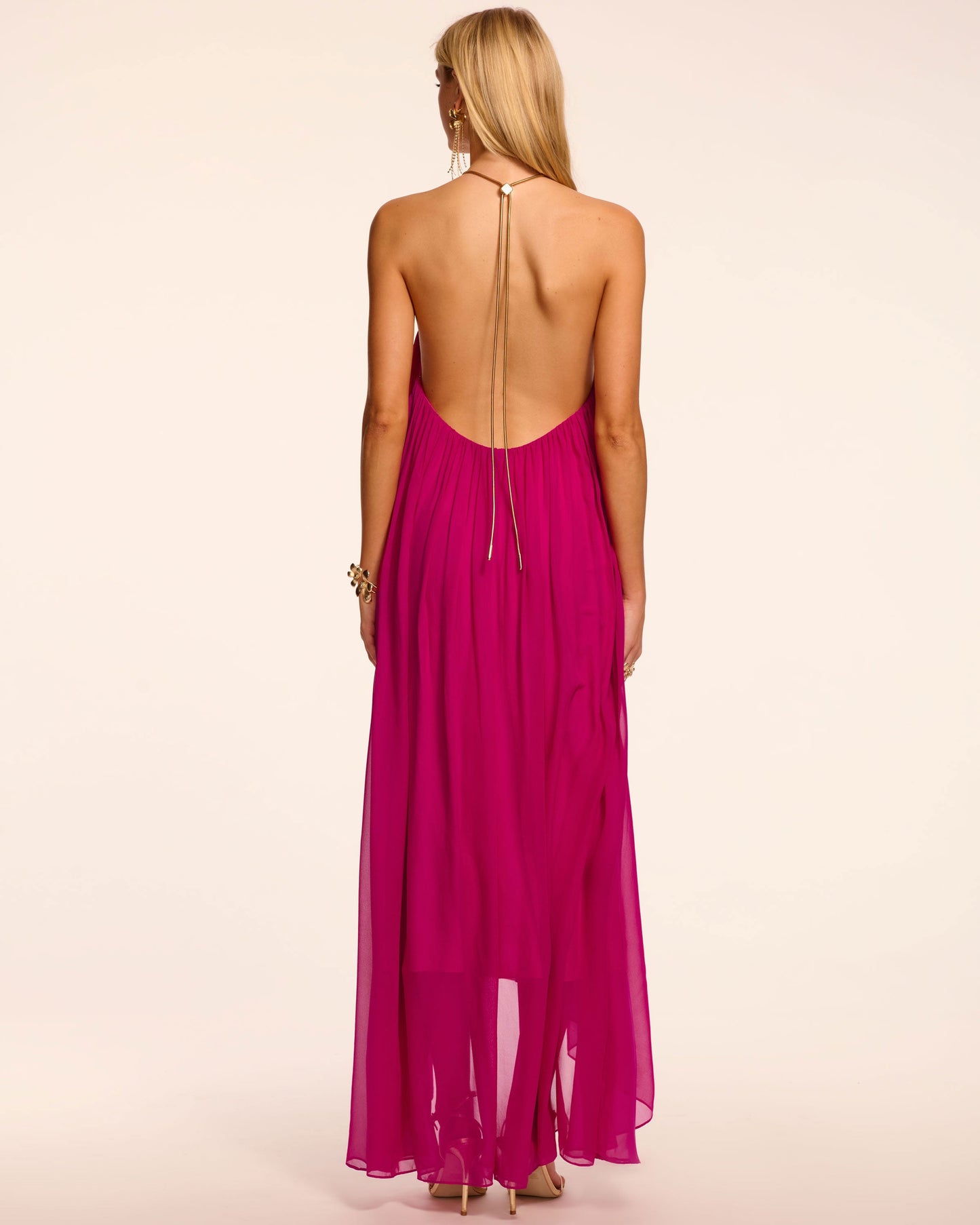 Rainn Chiffon V-Neck Halter Gown | FIESTA PINK