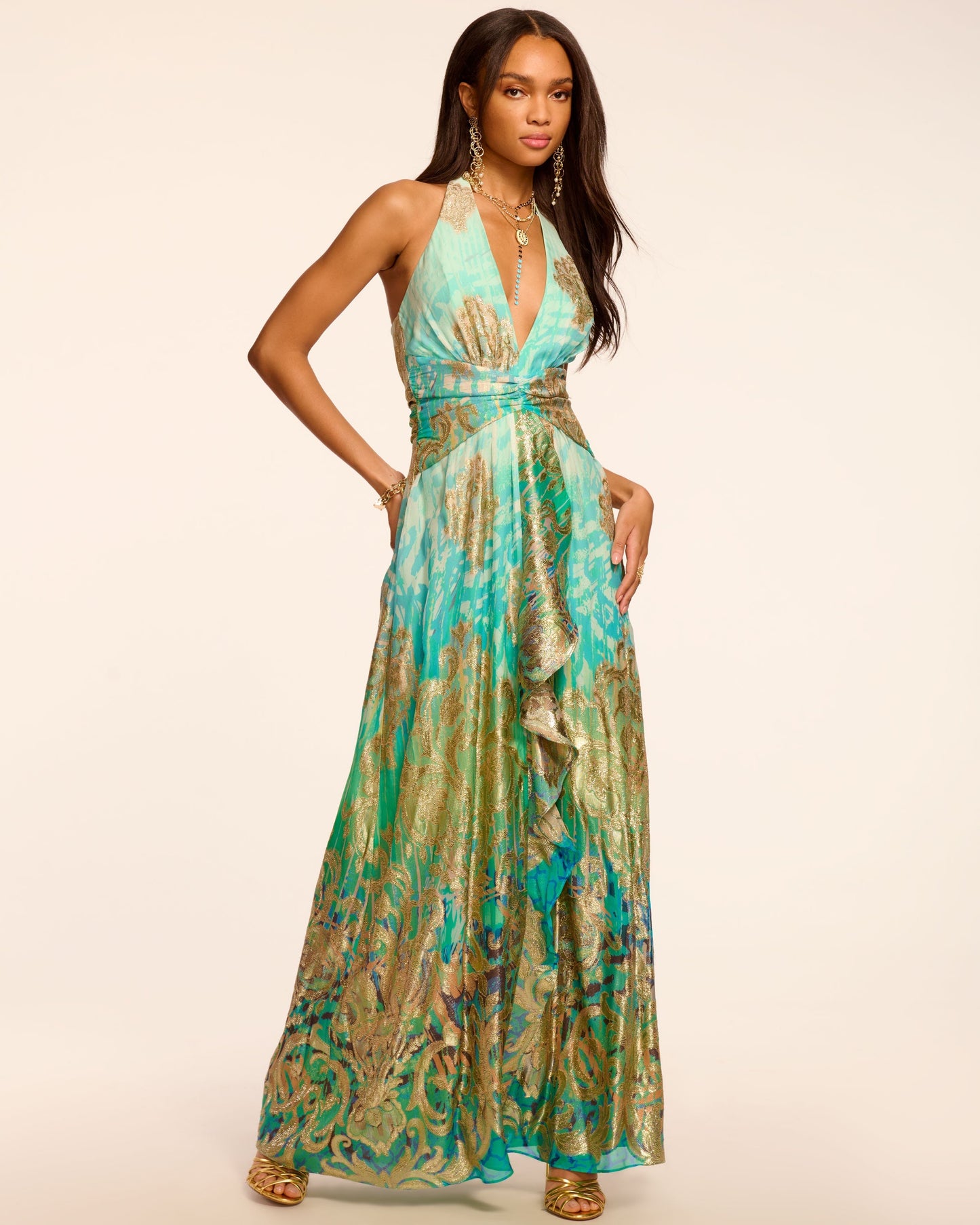 Stephanie Jacquard Plunging Halter Gown