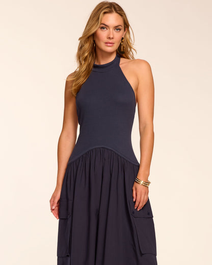 Simonne Cotton Knit Combo Halter Maxi Dress
